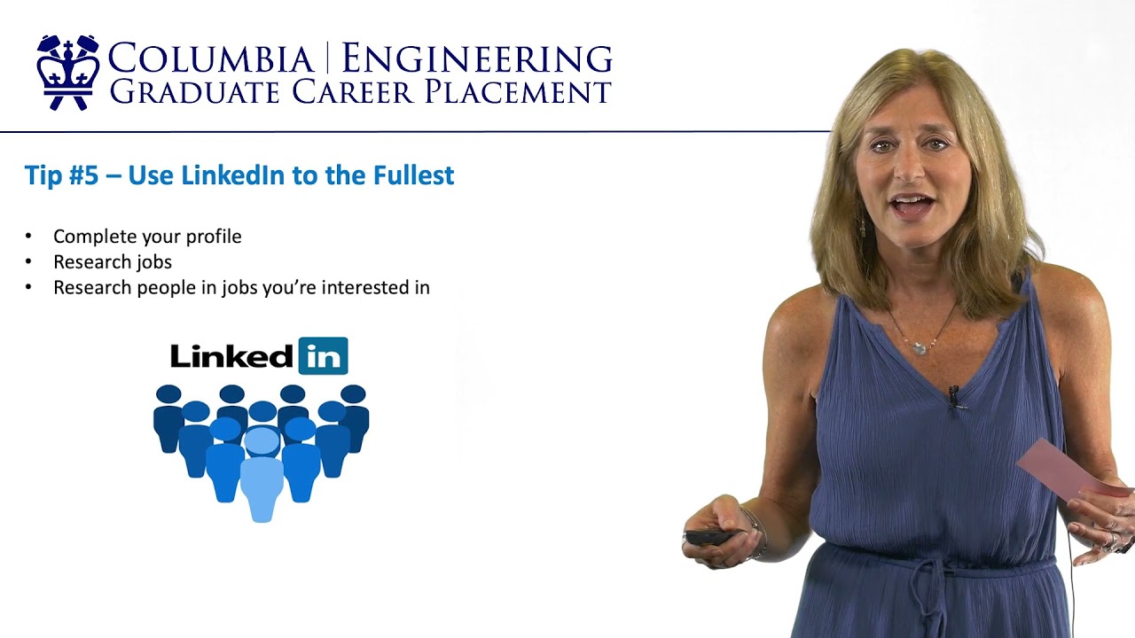 Career Placement Officer discusses LinkedIn strategy with on-screen tips about completing profiles and researching jobs.