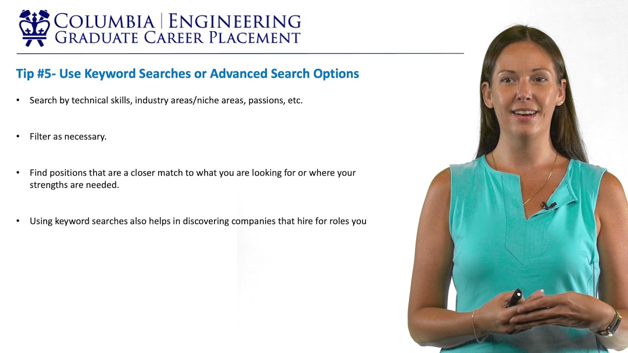 A Career Placement Officer presents job search tips for using keyword searches to find engineering positions.